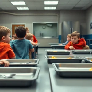 Empty school cafeteria highlighting funding concerns