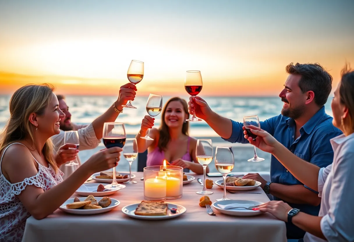 A family celebration around a table with wine glasses during sunset