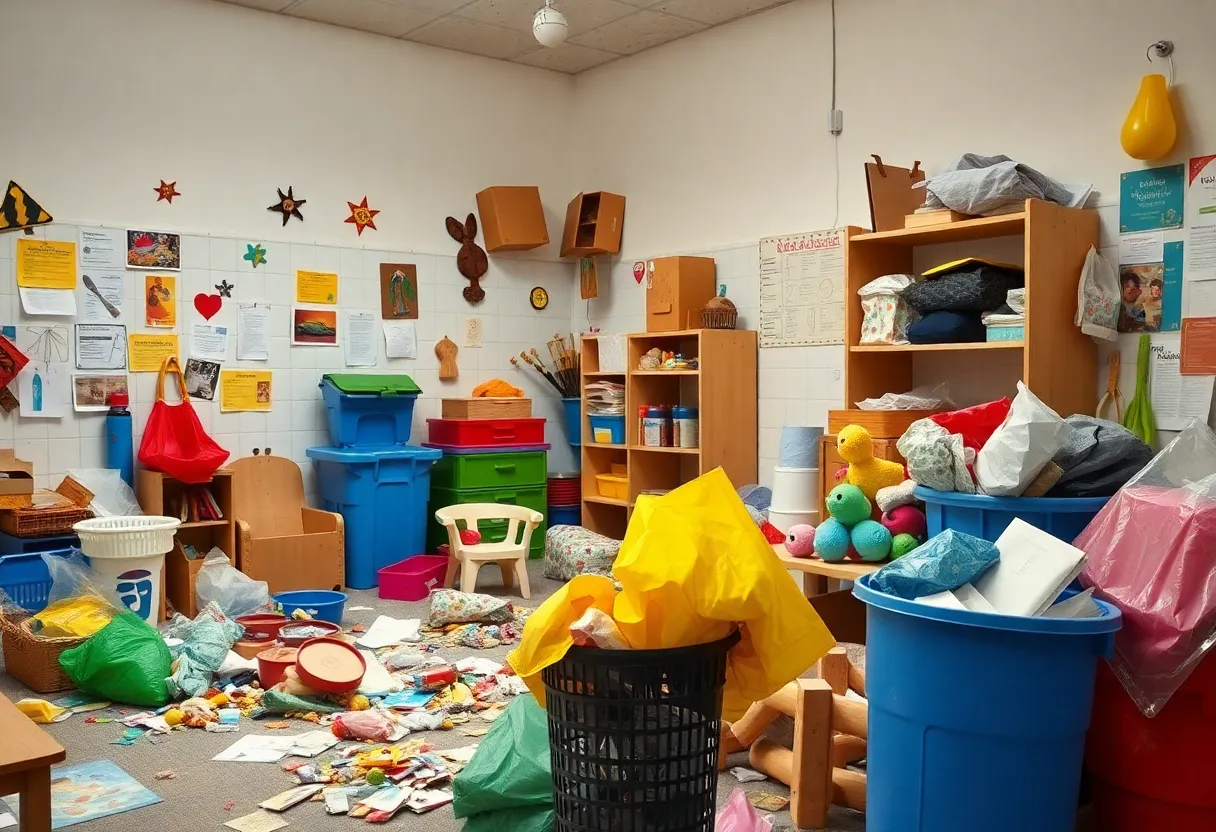 Illustration of unsafe daycare conditions with trash and unclean areas