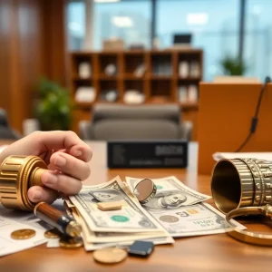 Illustration representing financial crime and embezzlement in a corporate environment.