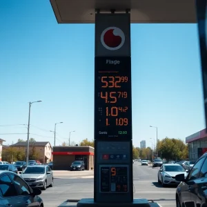 A gas station display showing rising gas prices in Grand Rapids.