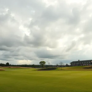 Golf course during an event with cloudy skies