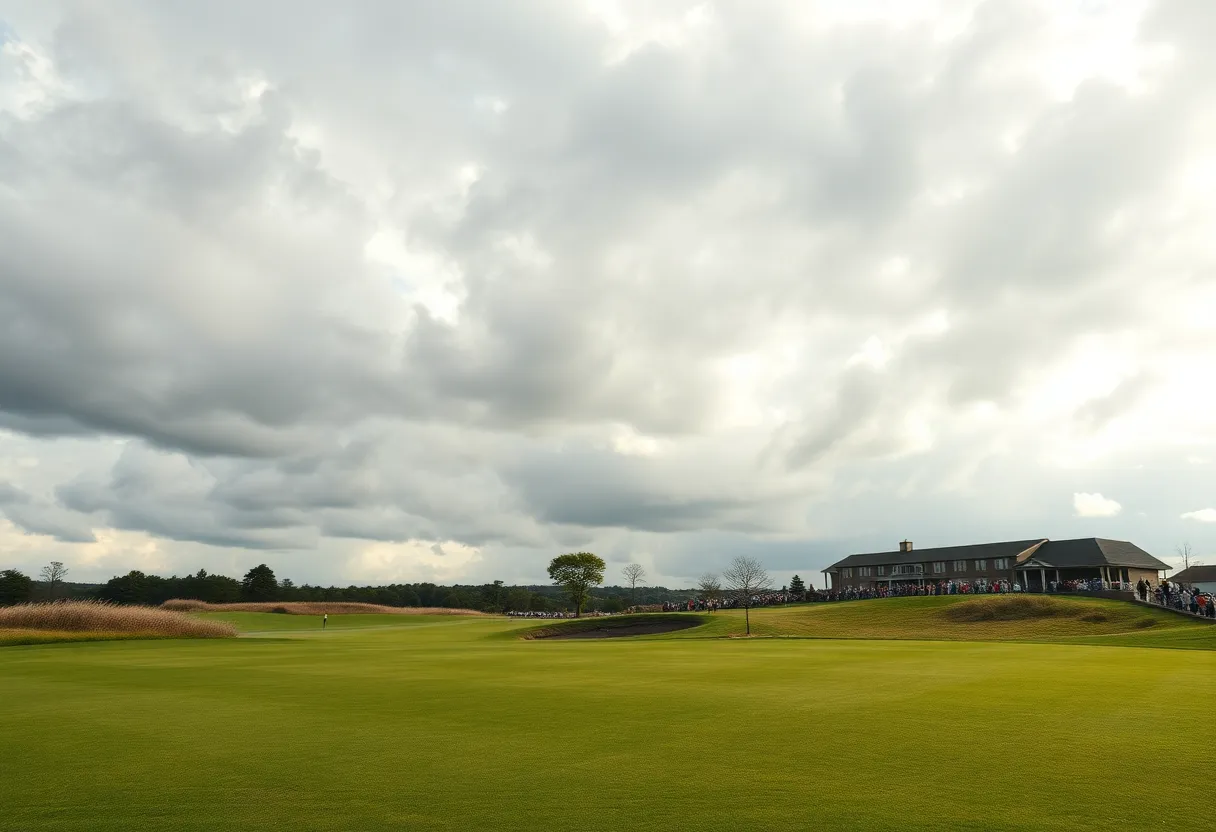 Golf course during an event with cloudy skies