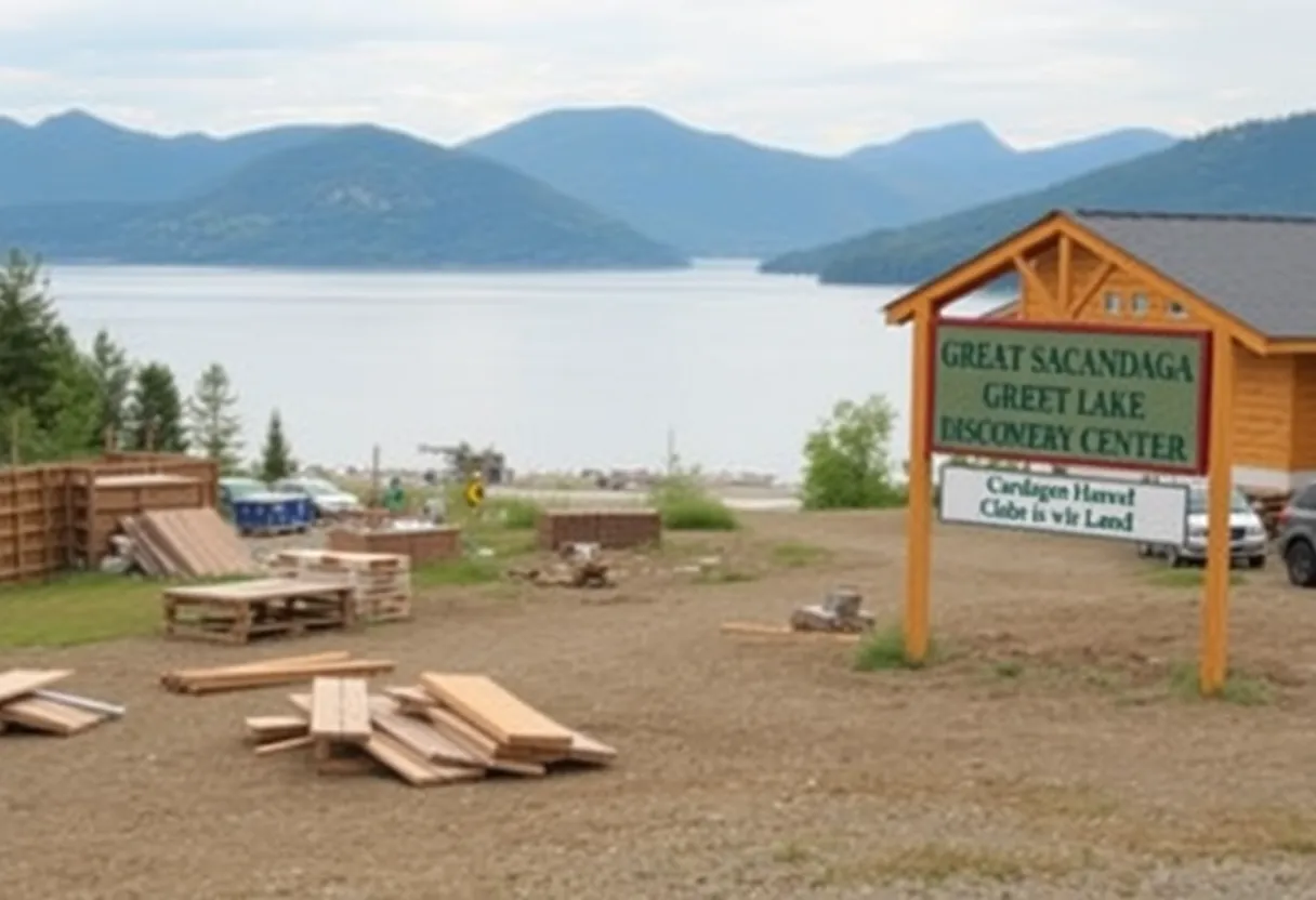 Construction site for the Great Sacandaga Lake Discovery Center with visible sign and materials.