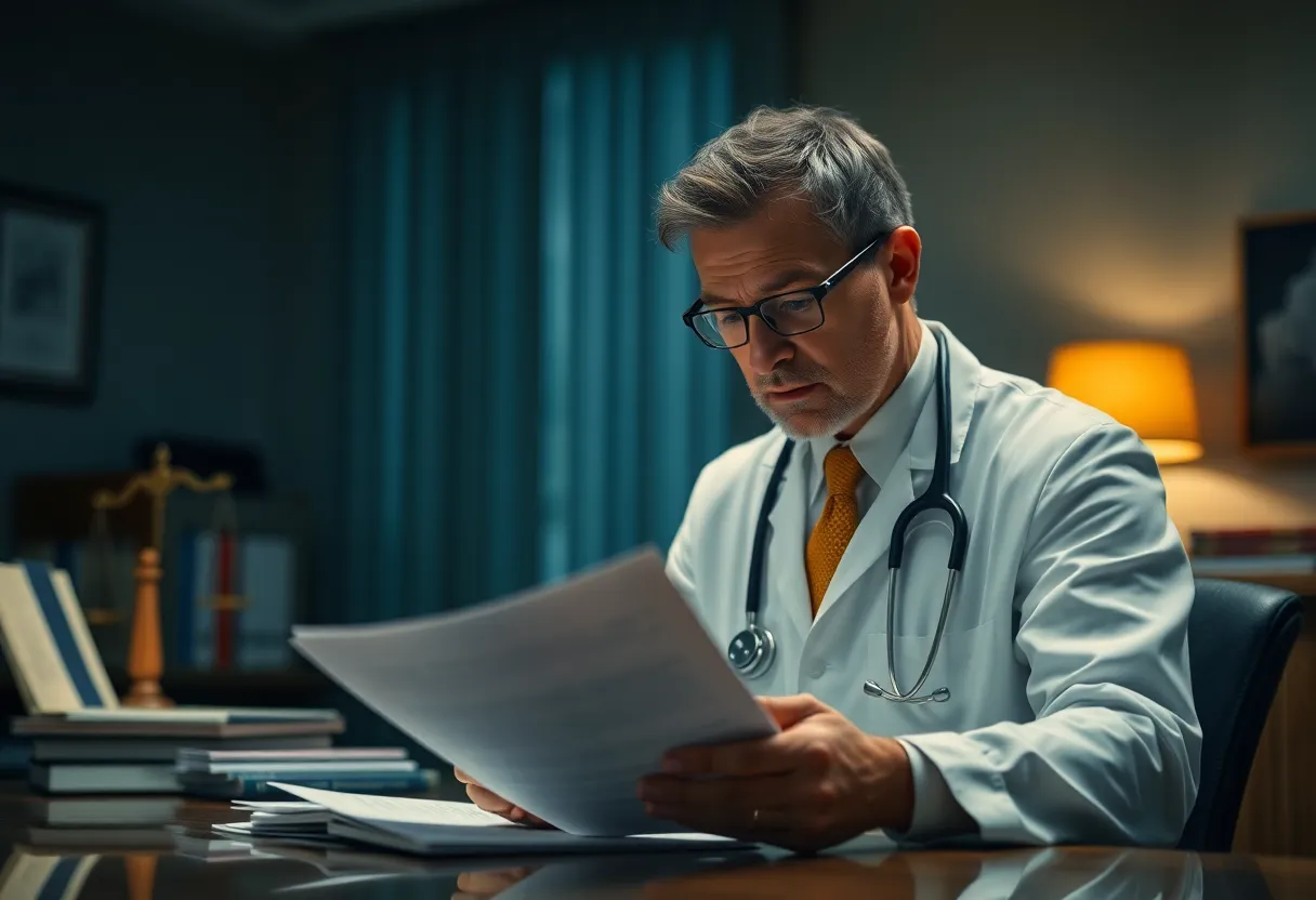 Healthcare professional examines prescription paperwork.