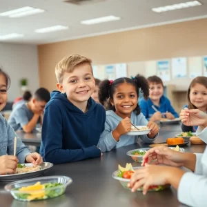 Students enjoying free school meals in a cafeteria setting