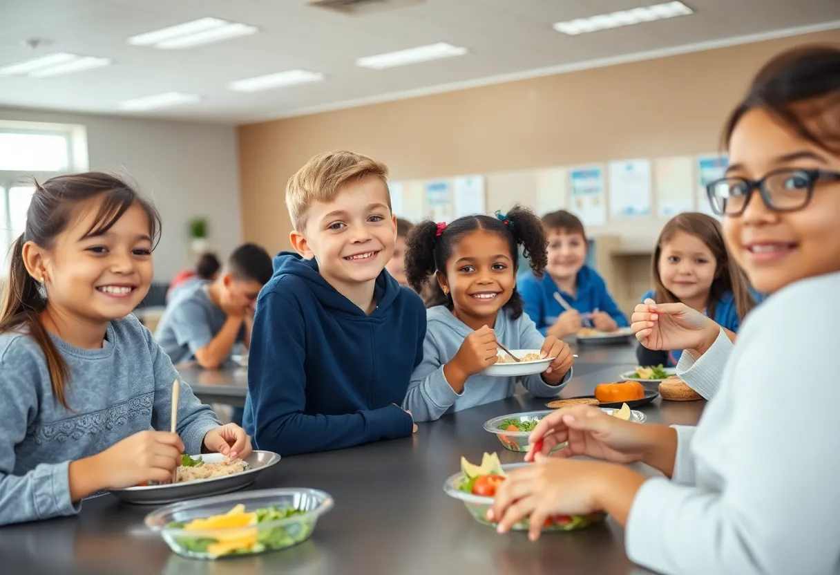 Students enjoying free school meals in a cafeteria setting