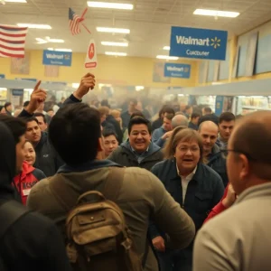 Bystanders intervening during a chaotic scene at a Walmart store.