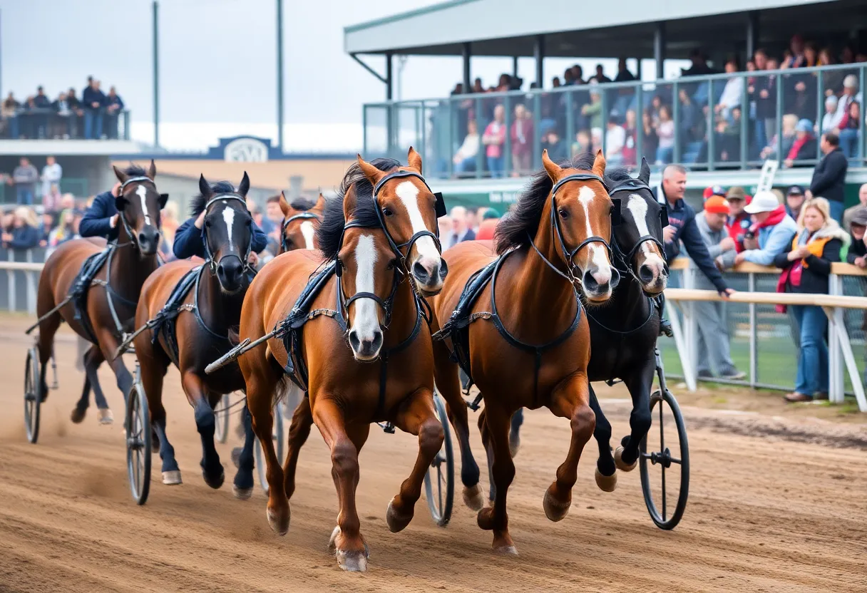 Two horses racing neck and neck at Michigan Sire Stakes in Hastings