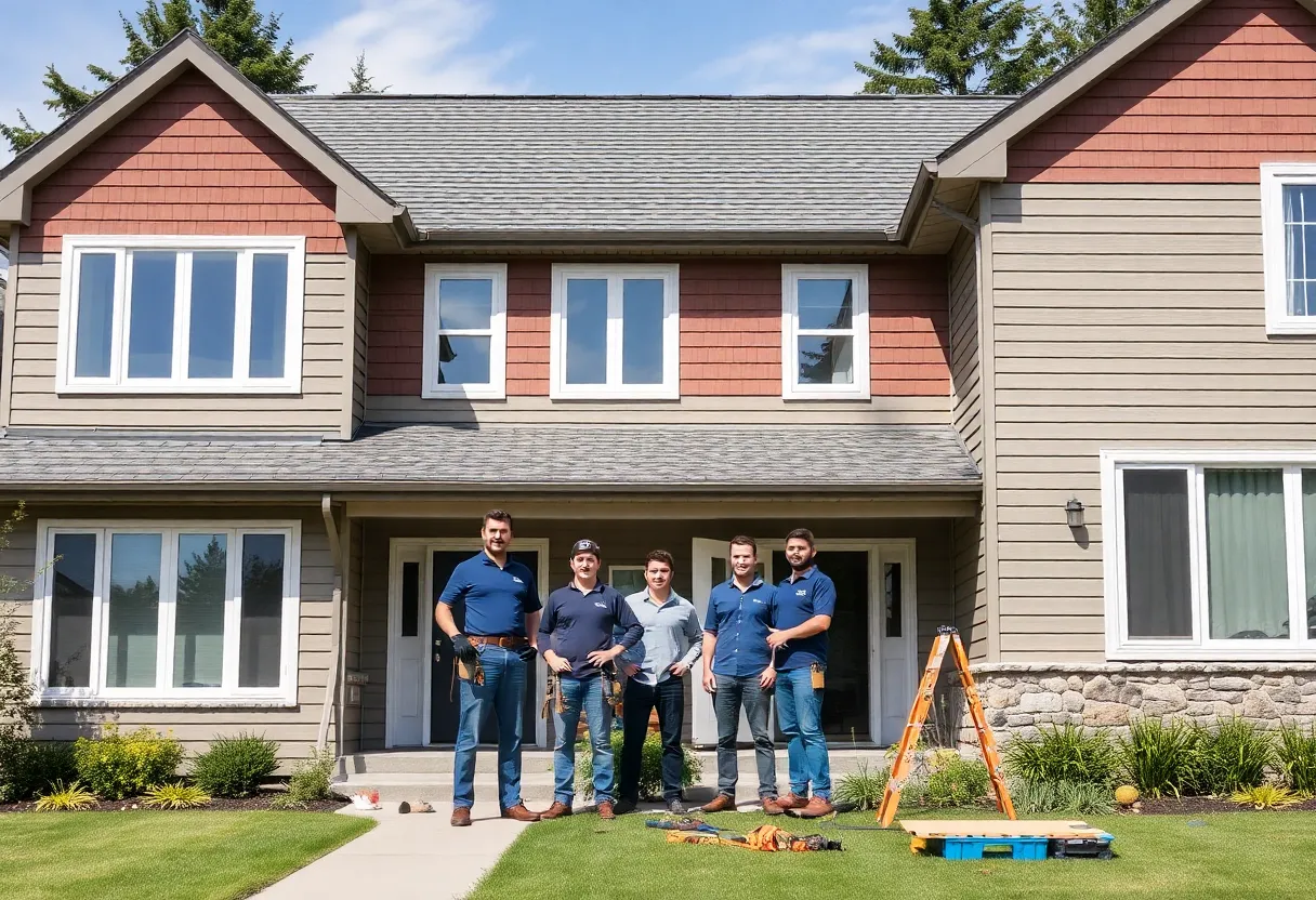 Home improvement professionals working on a house exterior