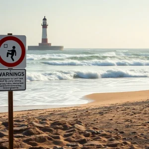 Waves crashing at Lighthouse Beach with lifeguard station empty and warning flags visible.