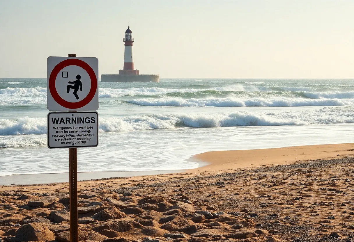 Waves crashing at Lighthouse Beach with lifeguard station empty and warning flags visible.