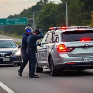 Police officers using a grappler device during a vehicle pursuit on Interstate 96.