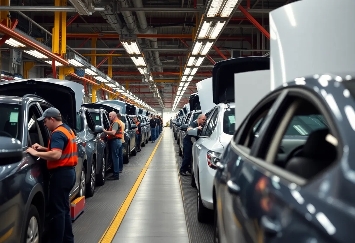 Workers in a Michigan automotive factory amidst production activities