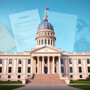 Michigan State Capitol building with budget documents