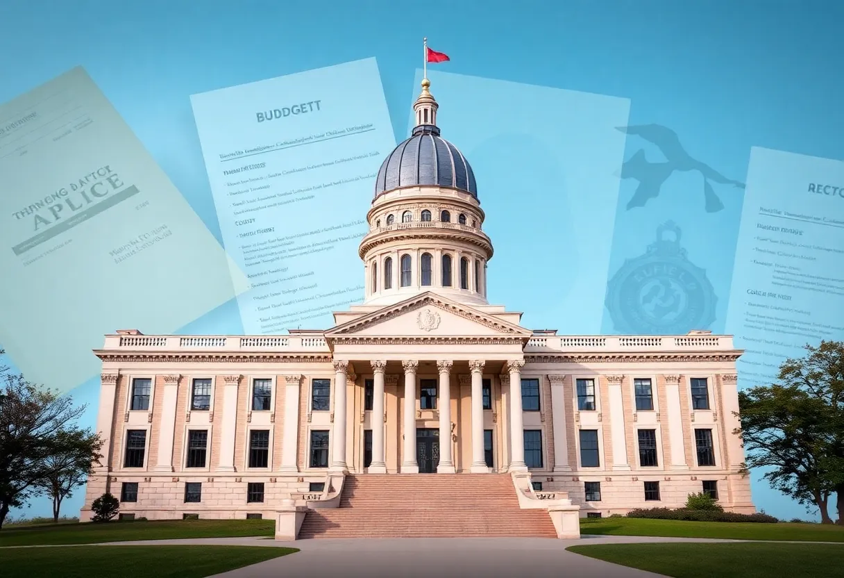 Michigan State Capitol building with budget documents