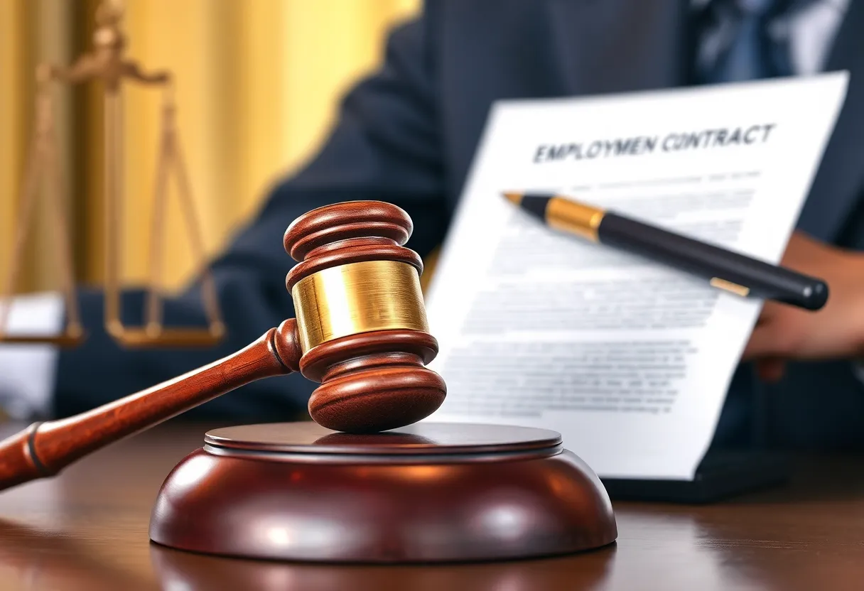 A gavel on top of an employment contract document signifying legal decisions.