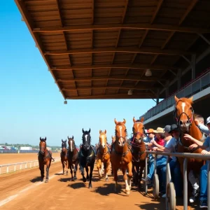 Harness racing action at Michigan Sire Stakes Finals with multiple horses racing.