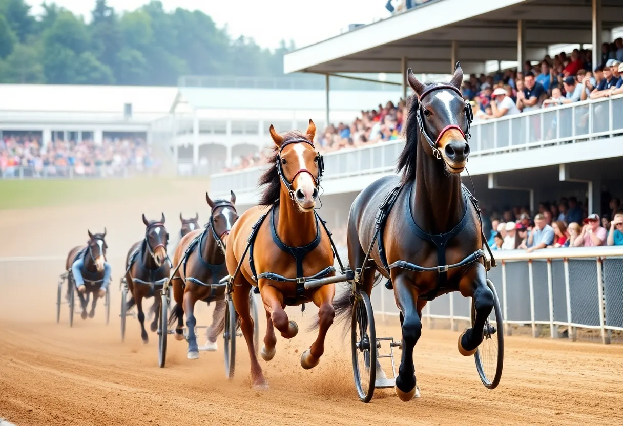 Harness racing event at Northville Downs with numerous horses and enthusiastic spectators.