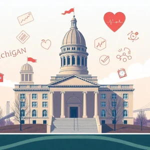 Michigan State Capitol building with budget symbols