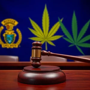 Courtroom with gavel and cannabis leaf representing marijuana legalization