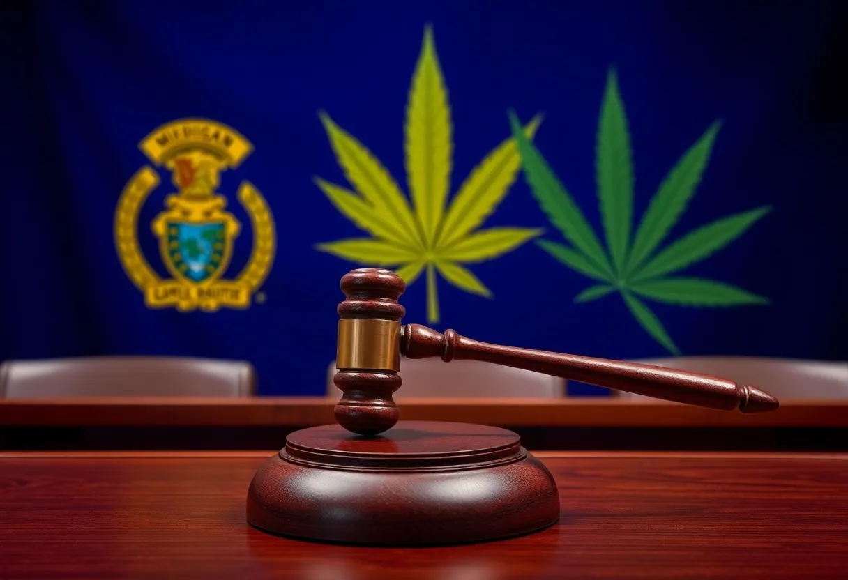 Courtroom with gavel and cannabis leaf representing marijuana legalization