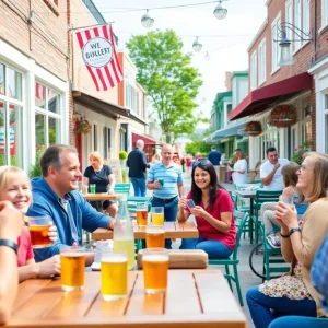 Families enjoying drinks outdoors in Milford's new social district