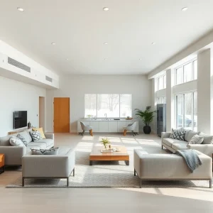 A beautifully designed open concept basement with natural light and modern furnishings.