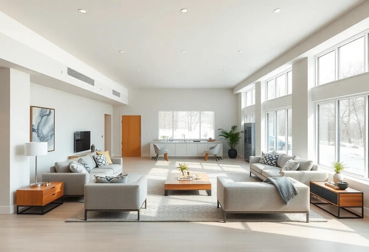 A beautifully designed open concept basement with natural light and modern furnishings.