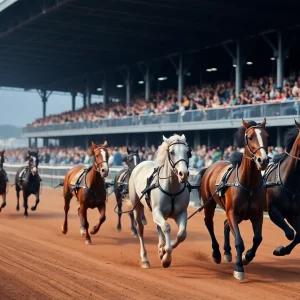 Horses racing at Northville Downs with a crowd watching