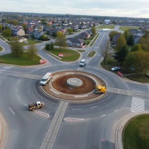 Construction of a roundabout in Northville with machinery and traffic signs