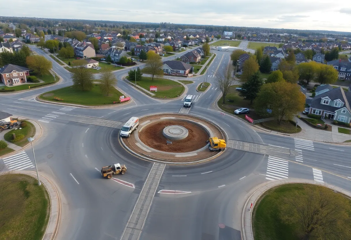 Construction of a roundabout in Northville with machinery and traffic signs
