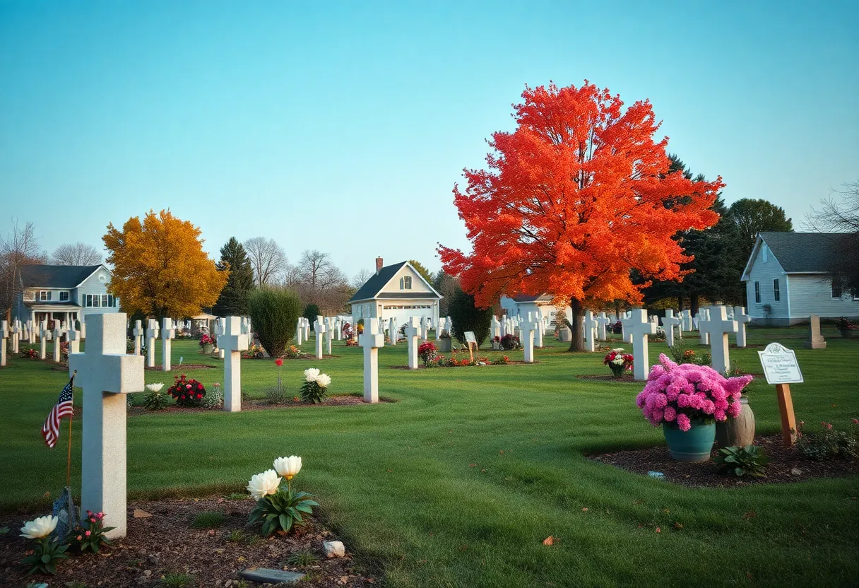 Cemetery in Northville with flowers representing remembrance