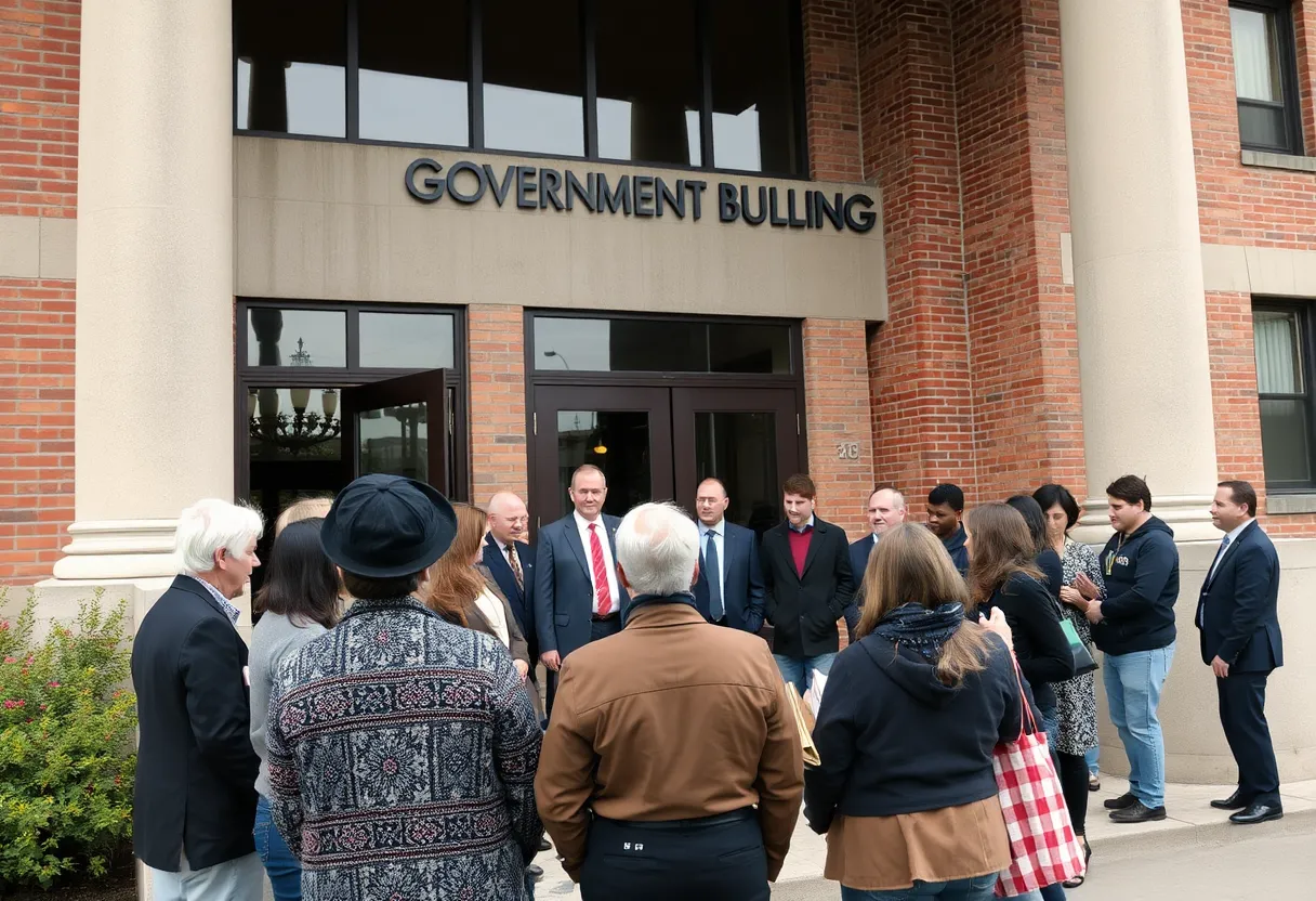 People discussing legislation outside the Oakland County Government Building