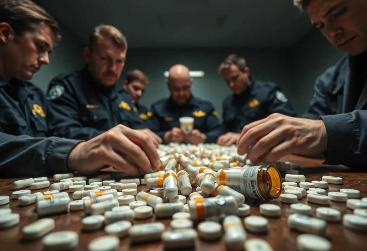 Law enforcement agents examining prescription drugs linked to an opioid distribution case.