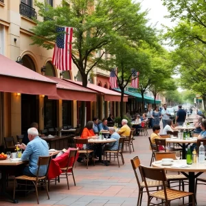 People dining outdoors on a downtown street in Northville