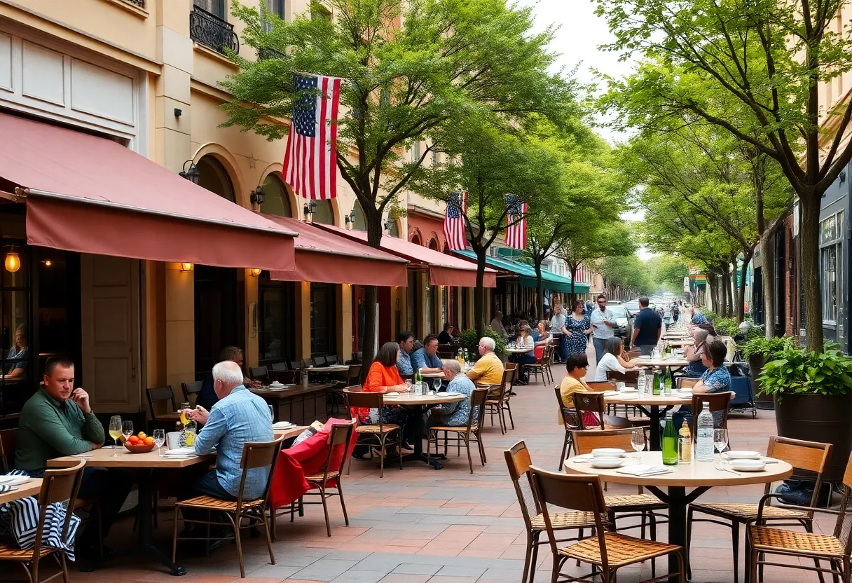 People dining outdoors on a downtown street in Northville