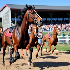 Harness racing at Northville Downs with competing horses and enthusiastic spectators.