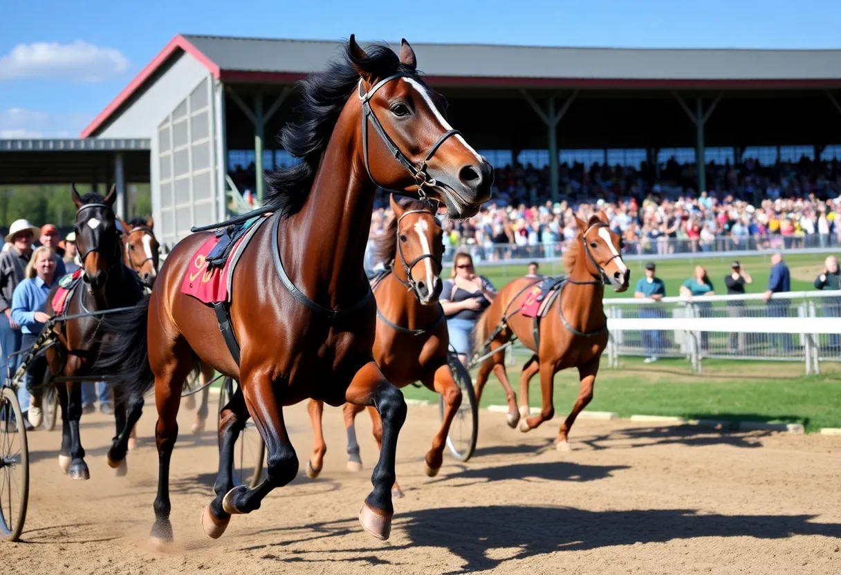 Harness racing at Northville Downs with competing horses and enthusiastic spectators.