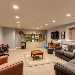 A cozy and functional remodeled basement with diverse areas including a playroom and home office.