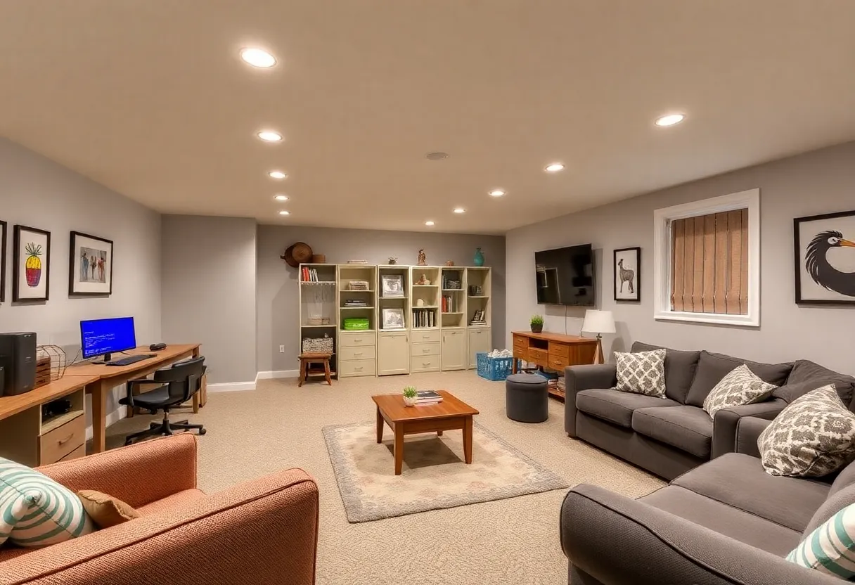 A cozy and functional remodeled basement with diverse areas including a playroom and home office.