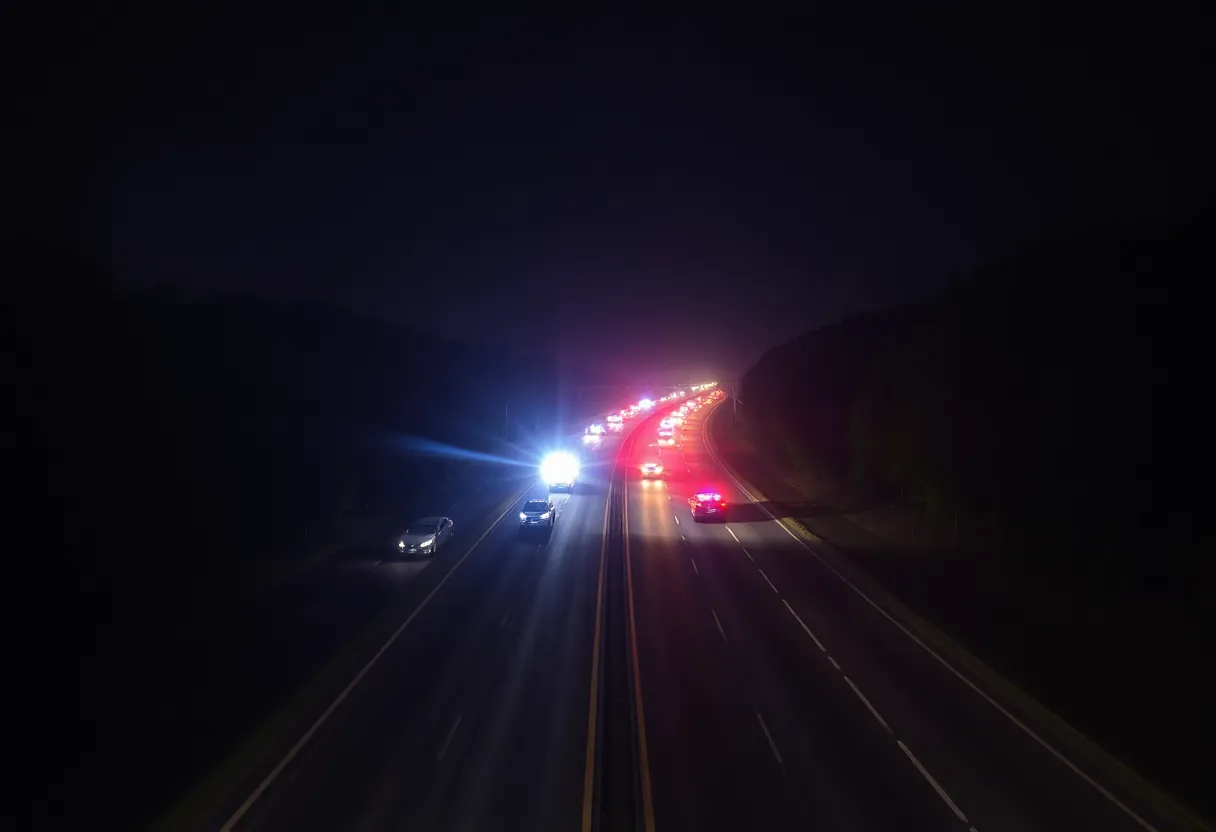 Night scene of I-275 with police lights after shooting incident