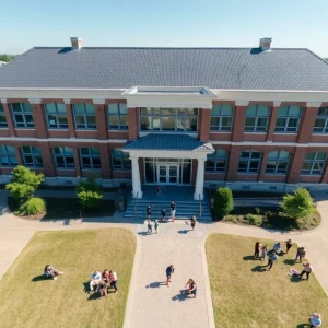 Aerial view of a Michigan high school surrounded by students.