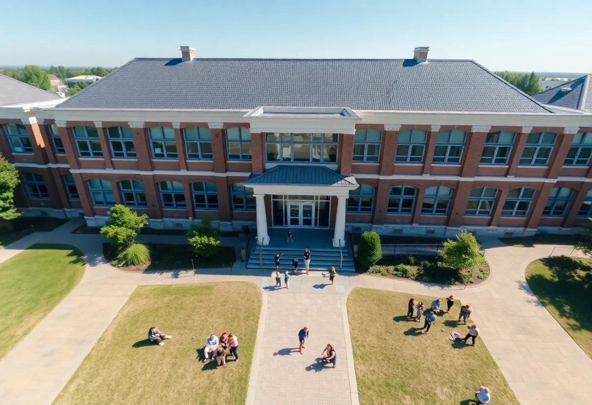 Aerial view of a Michigan high school surrounded by students.