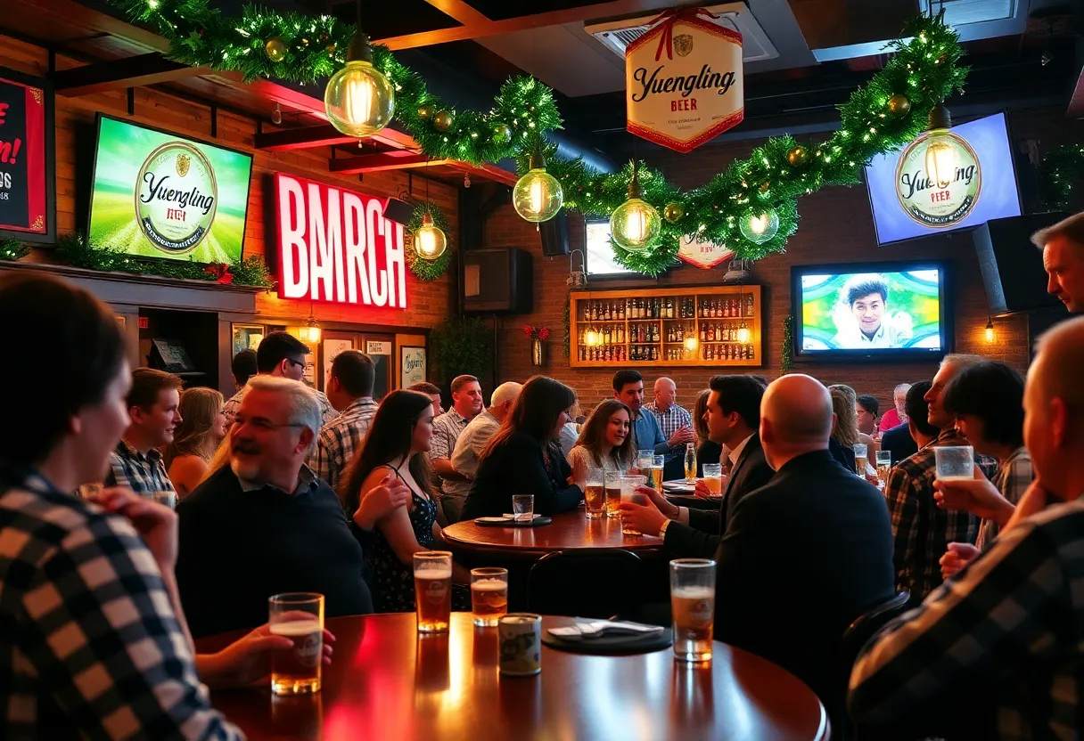 Crowds celebrating the launch of Yuengling beer at a bar in Michigan.