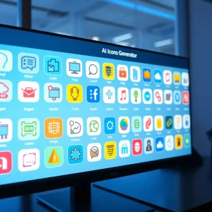 Screenshot of LogoAI's AI Icon Generator with colorful icons