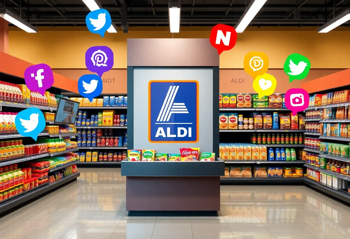 Aldi store display with social media icons representing customer engagement.