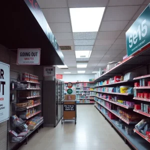 At Home store signage indicating closure and discounts