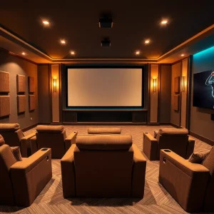 Stylish basement home theater featuring large screen and cozy seating