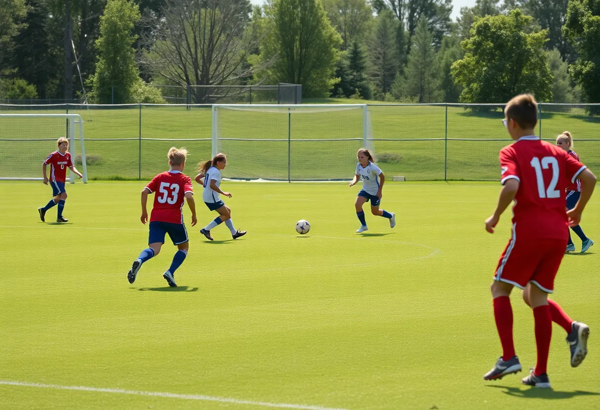 Players from Brighton Bulldogs and Northville Mustangs competing on the soccer field.